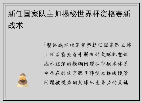 新任国家队主帅揭秘世界杯资格赛新战术