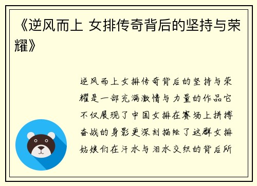 《逆风而上 女排传奇背后的坚持与荣耀》