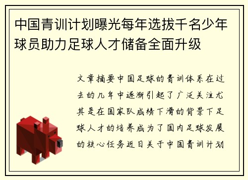 中国青训计划曝光每年选拔千名少年球员助力足球人才储备全面升级 中国青训计划曝光每年选拔千名少年球员助力足球人才储备全面升级